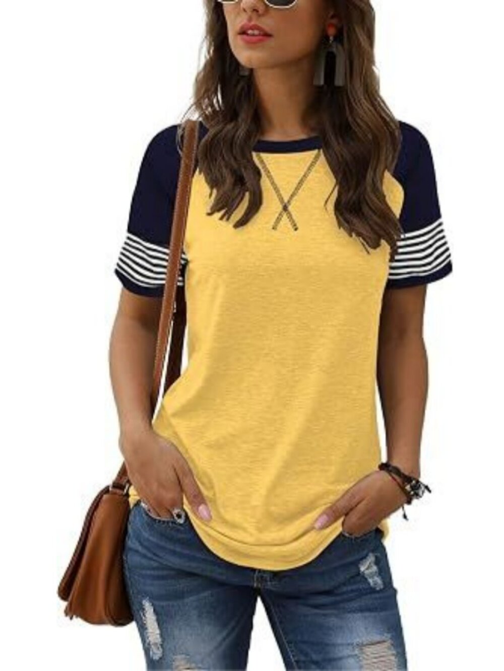 Womens Color Block Baseball T Shirt Short Sleeve Crew Neck Tunic Top